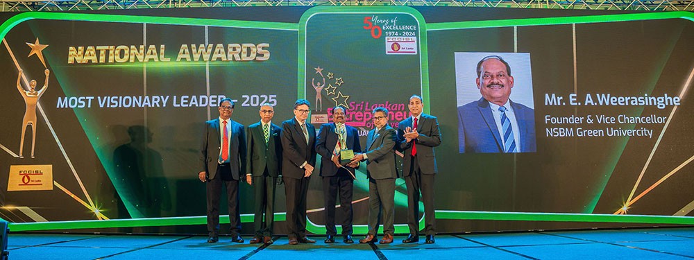 Prof. E. A. Weerasinghe Wins Most Visionary Leader Award 2025 | NSBM Green University Honored with Double Gold at SLEOTY Awards