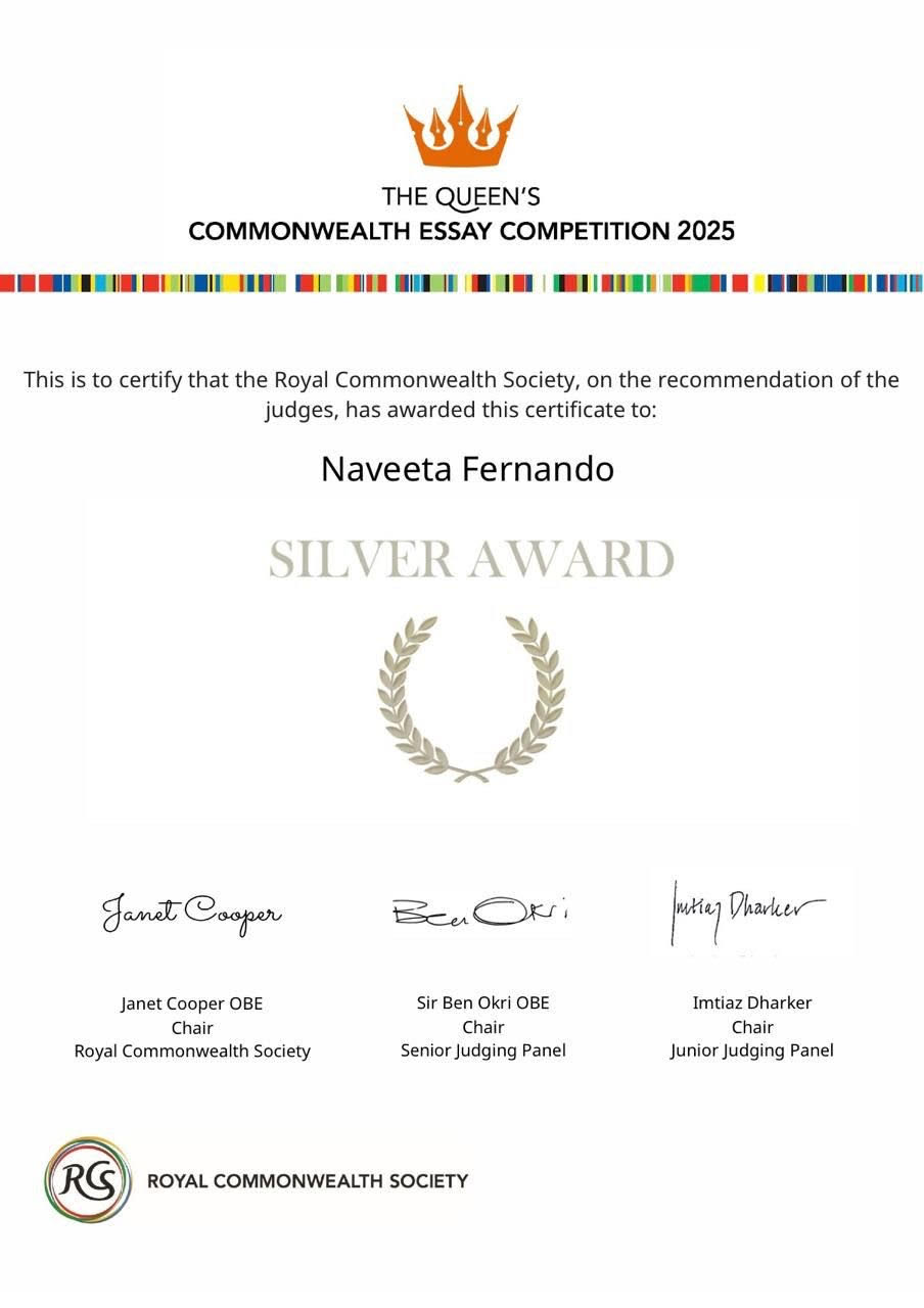 Silver Award for Naveeta at Queens Commonwealth Essay Competition 2025