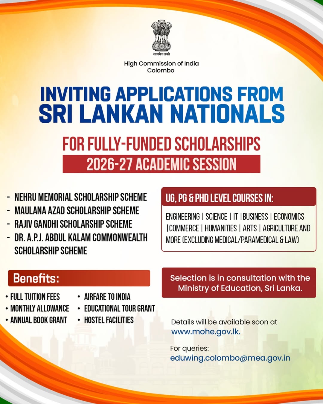 India offers 200 fully funded scholarships for Sri Lankan students for 2026–27