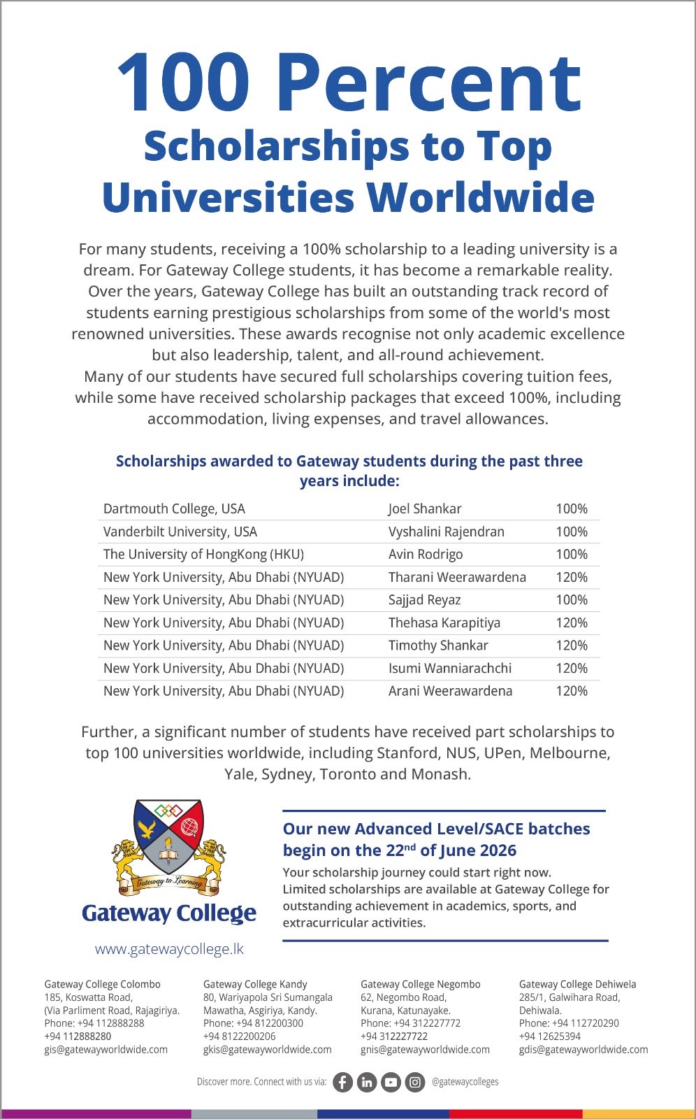 Gateway College students secure full scholarships to leading universities worldwide