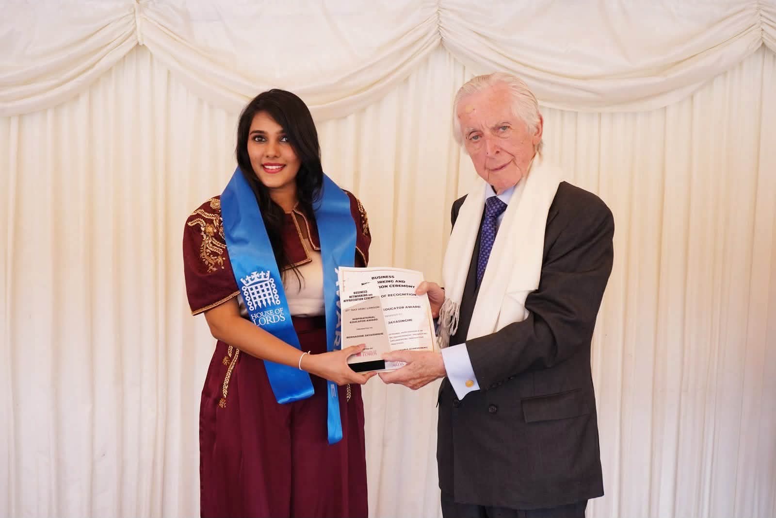 Bernadine Jayasinghe receives Inspirational Educator Award at UK House of Lords